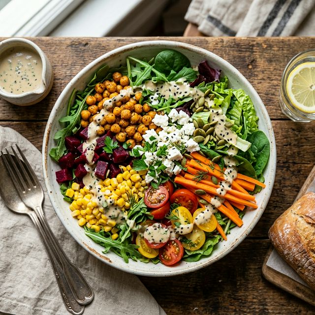 Lækker salat bowl med friskt tilbehør og grøntsager